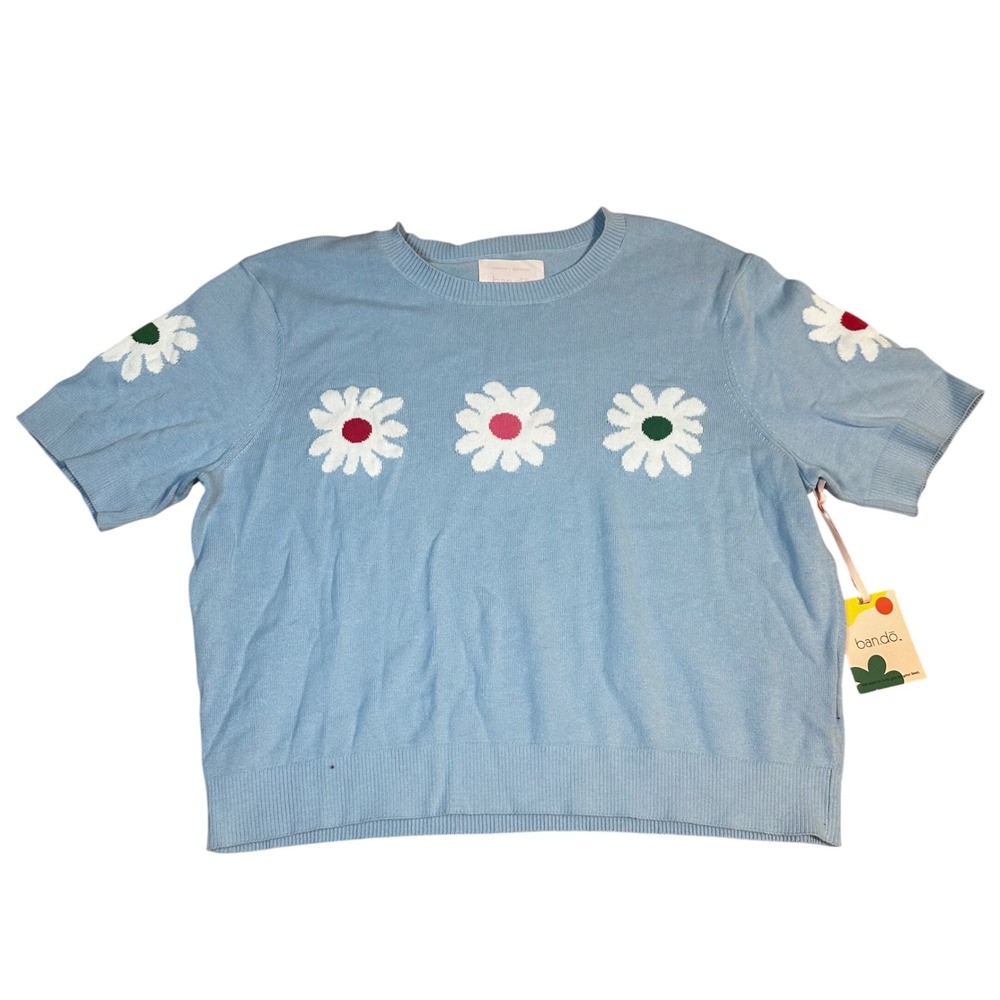 Bando Daisy Sweater Light Blue Short Sleeve Crew Neck Knit Top Women's XL